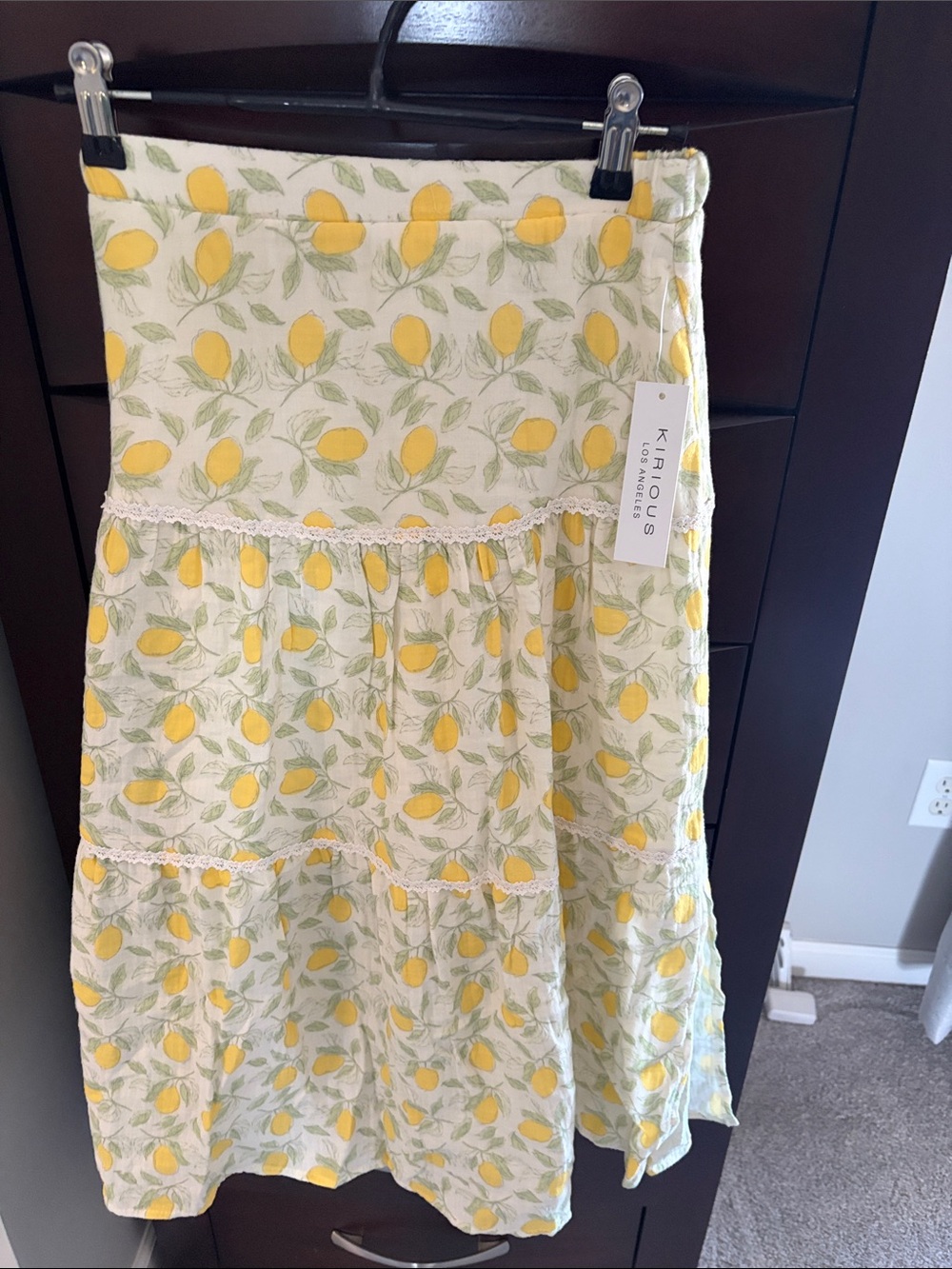 Kirigous Lemon-Print Tiered Midi Skirt in Yellow